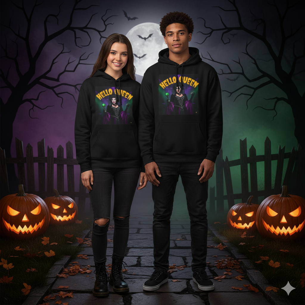 Hello Queen Black Fleece Hoodie, Cozy Fall Sweatshirt, Spooky Season Apparel, Witchy Fashion, Gift for Halloween Lovers, Spooky Times