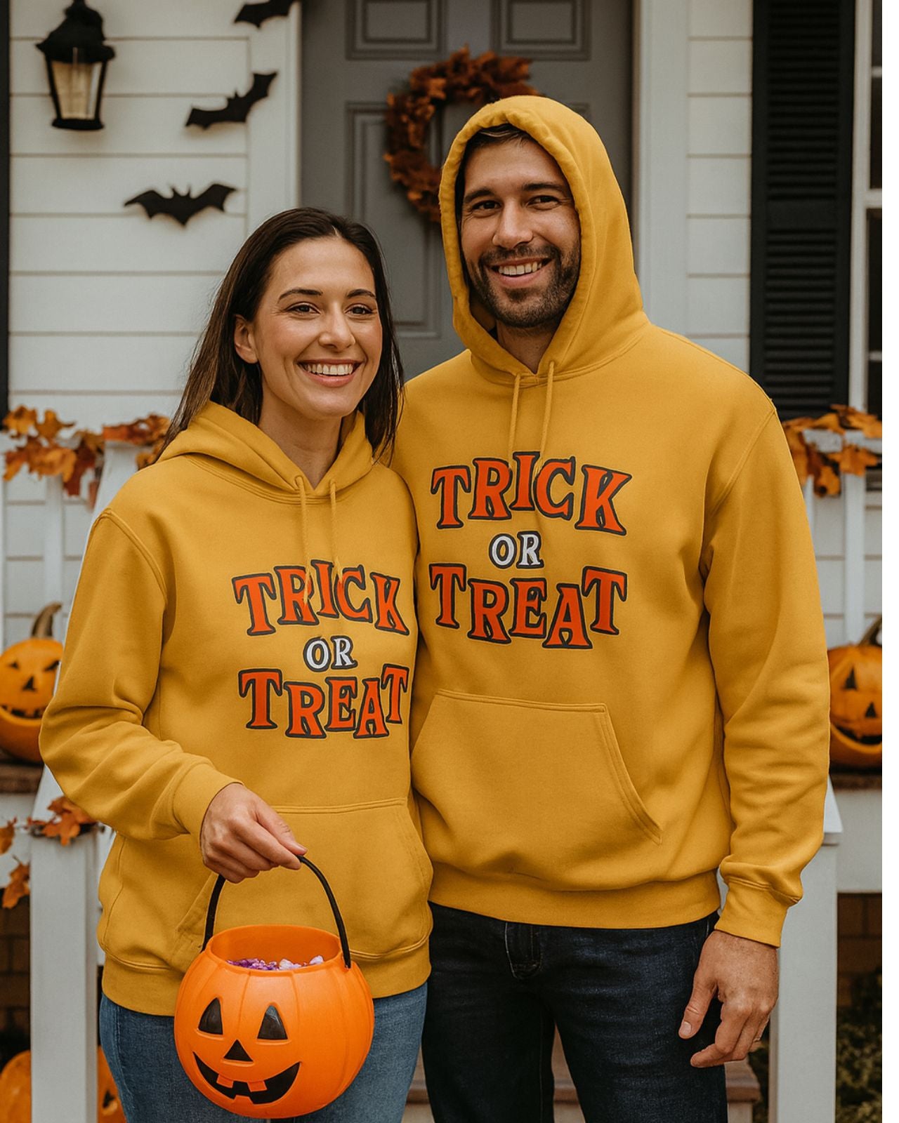 A couple wearing an orange sweatshirt with the phrase "Trick or Treat" printed on it, in front of the facade of a white house decorated with Halloween motifs, the boy is wearing a hood and the girl is carrying a plastic basket in the shape of a Halloween pumpkin full of candy, underneath they are wearing jeans