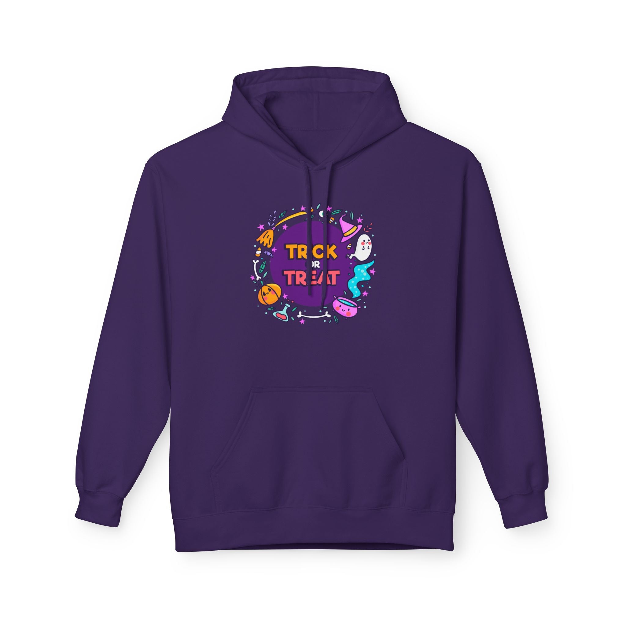 Halloween Trick or Treat Purple Hoodie, Unisex Fleece Sweatshirt, Trick or Treat Halloween Hoodie – Cozy, Fun & Spooky Style, Halloween Gift