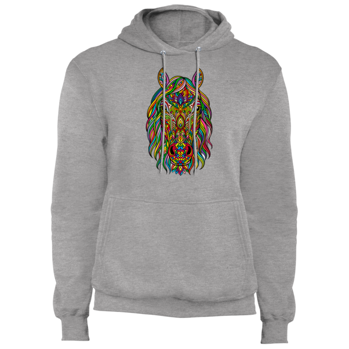 A gray hoodie with a brightly colored mosaic or mandala-style image of a horse on a white background.