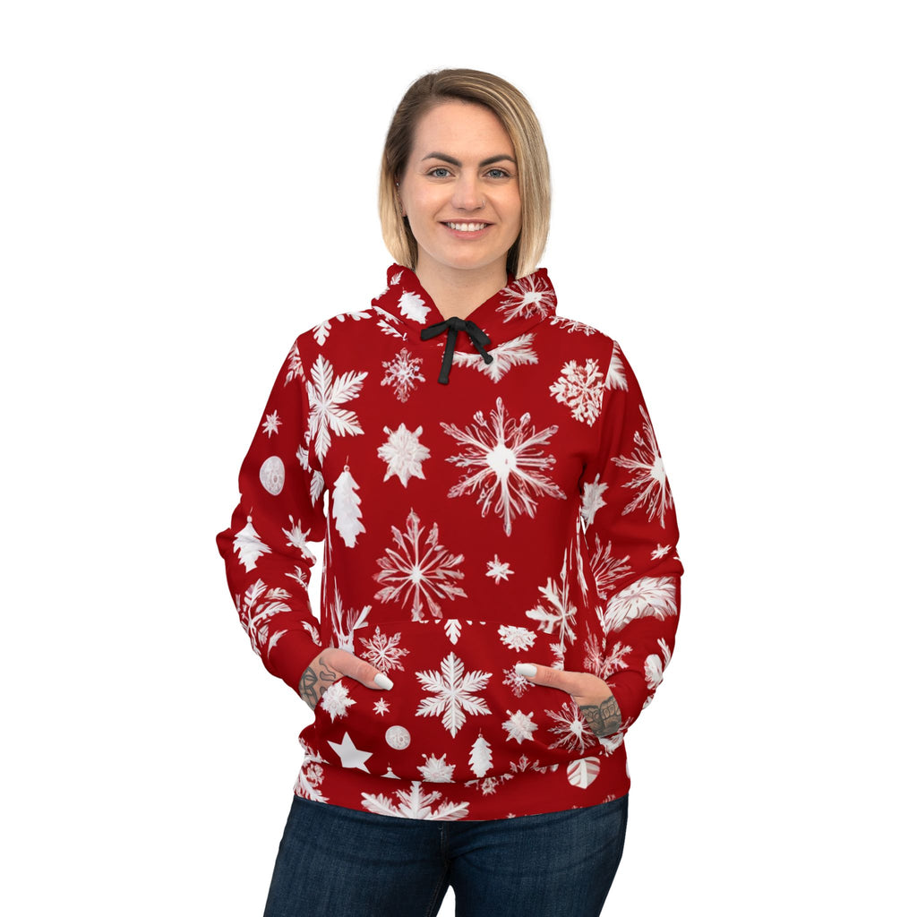 Unisex Red Christmas Hoodie with Snowflakes ❄️ – Festive Hoodie for Couples and Christmas Parties