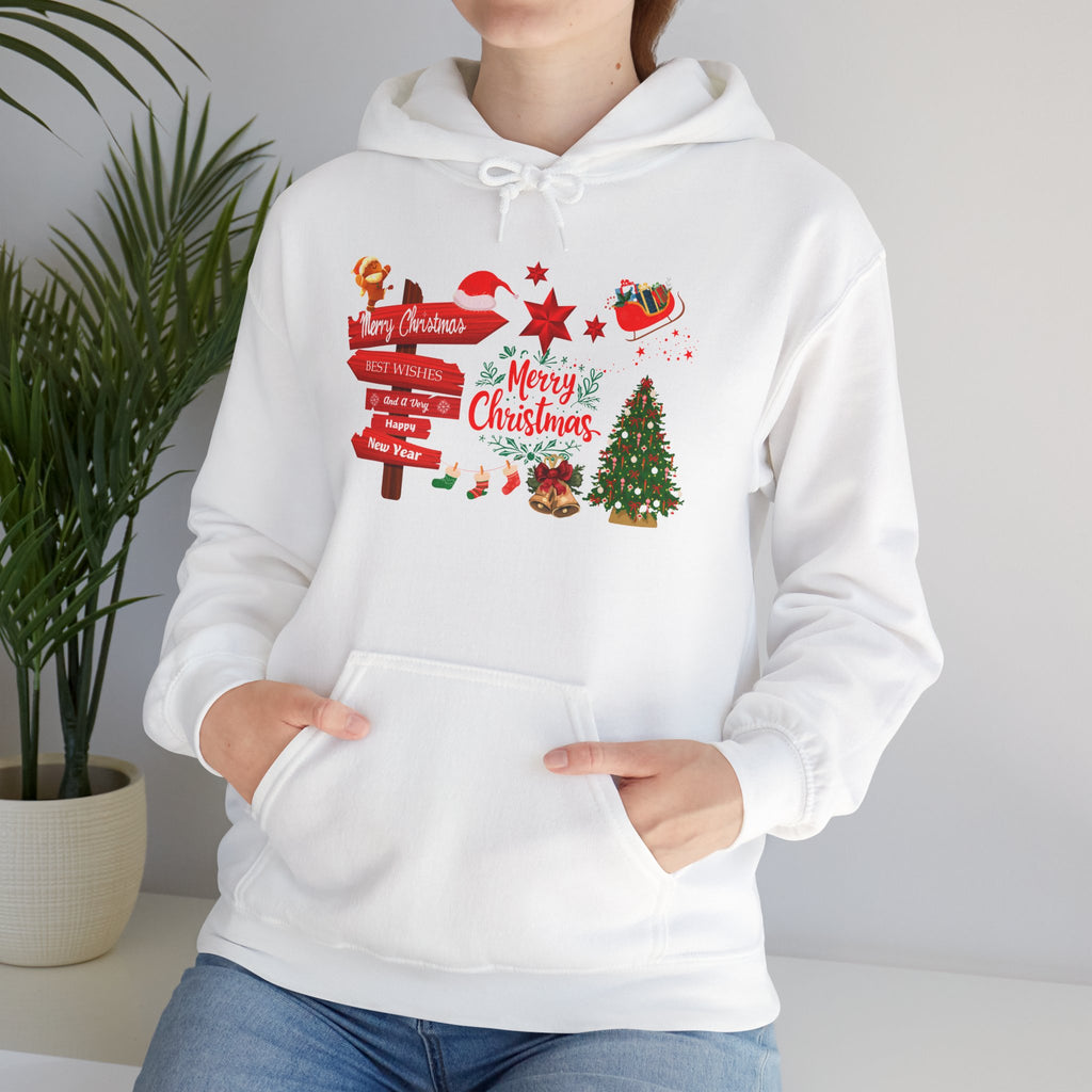 Christmas Direction Sign White Hoodie Merry Christmas Holiday Tree & Santa Design