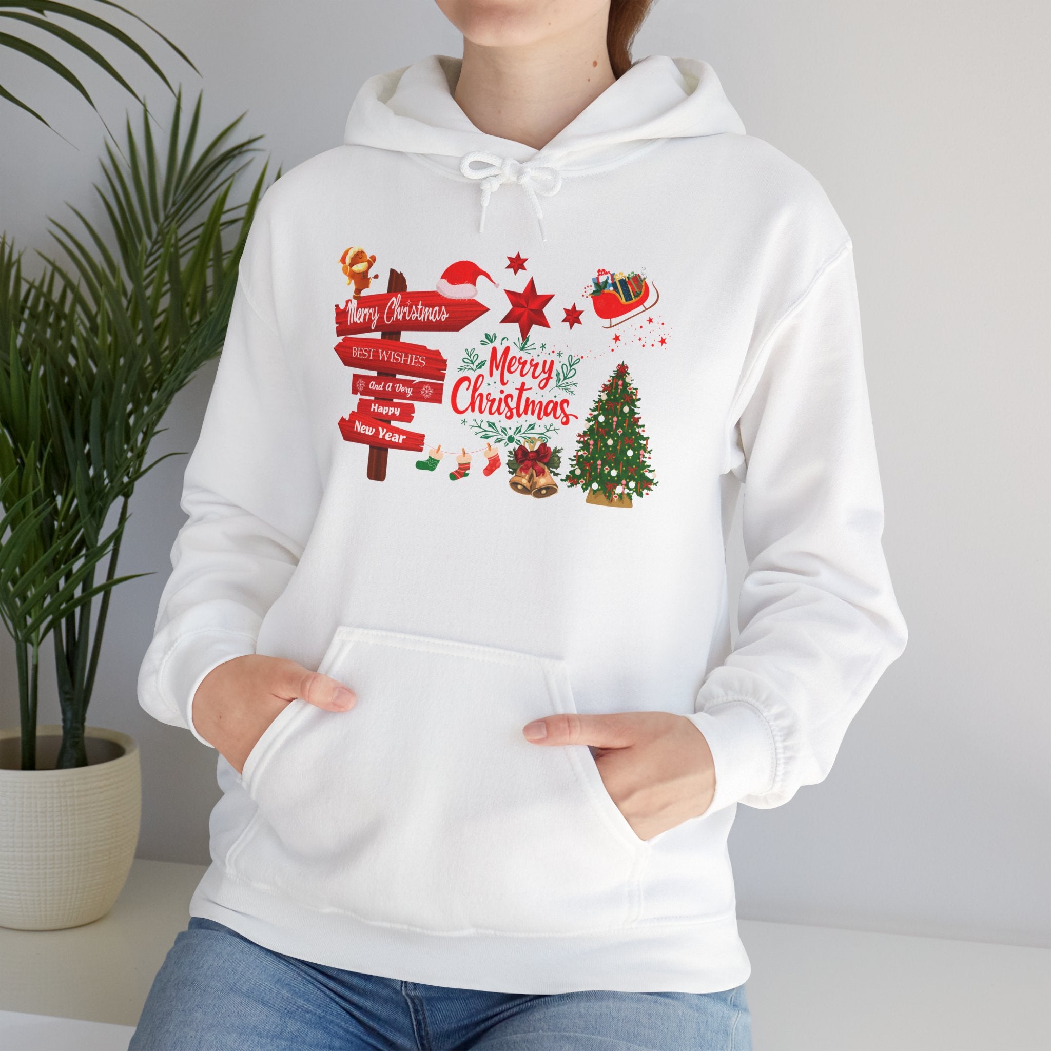 Christmas Direction Sign White Hoodie Merry Christmas Holiday Tree & Santa Design