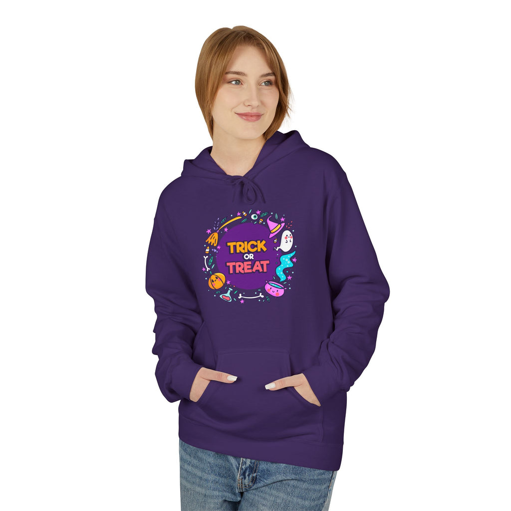 Halloween Trick or Treat Purple Hoodie, Unisex Fleece Sweatshirt, Trick or Treat Halloween Hoodie – Cozy, Fun & Spooky Style, Halloween Gift