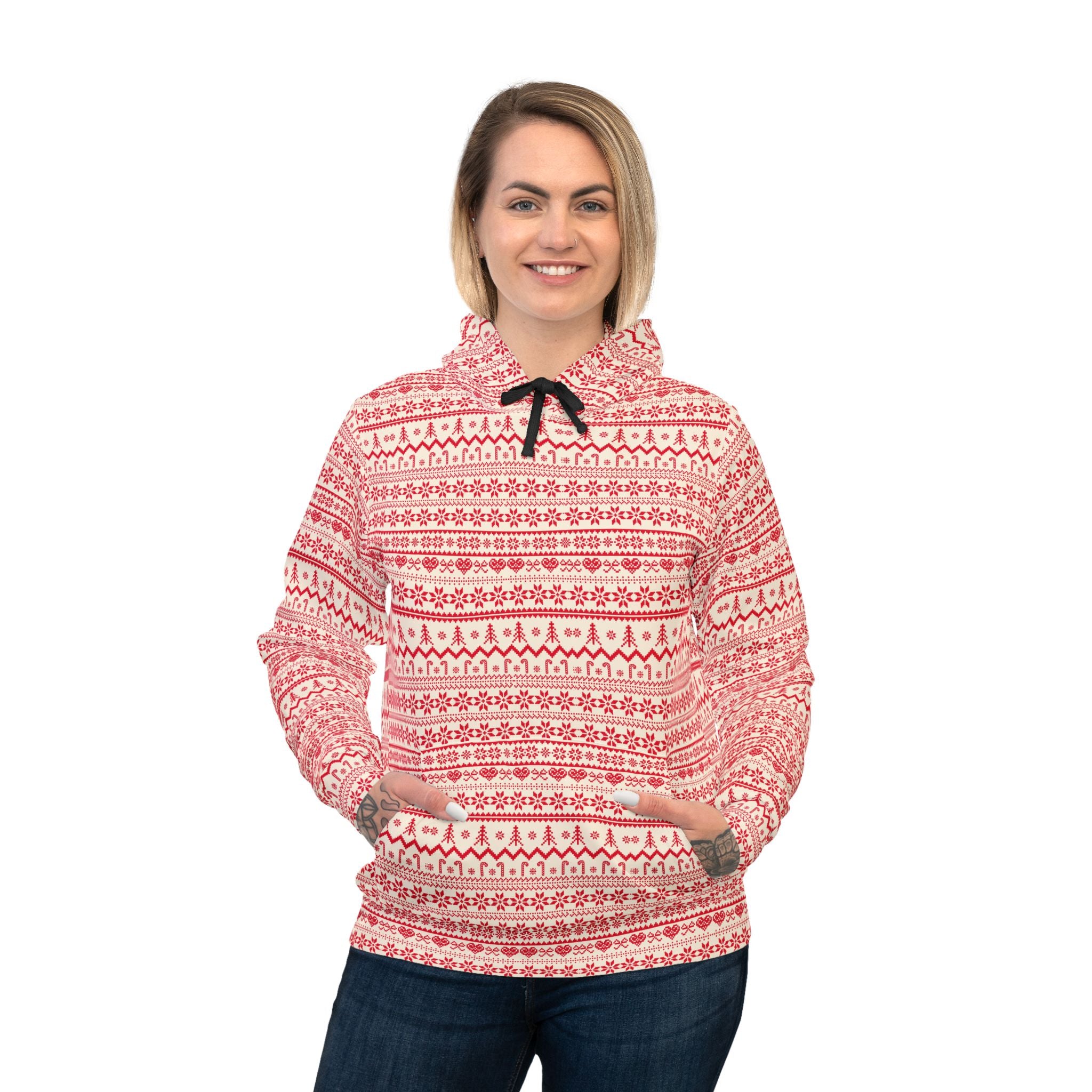 Christmas Couple Hoodie – Nordic Red & White Winter Sweatshirt for Men and Women