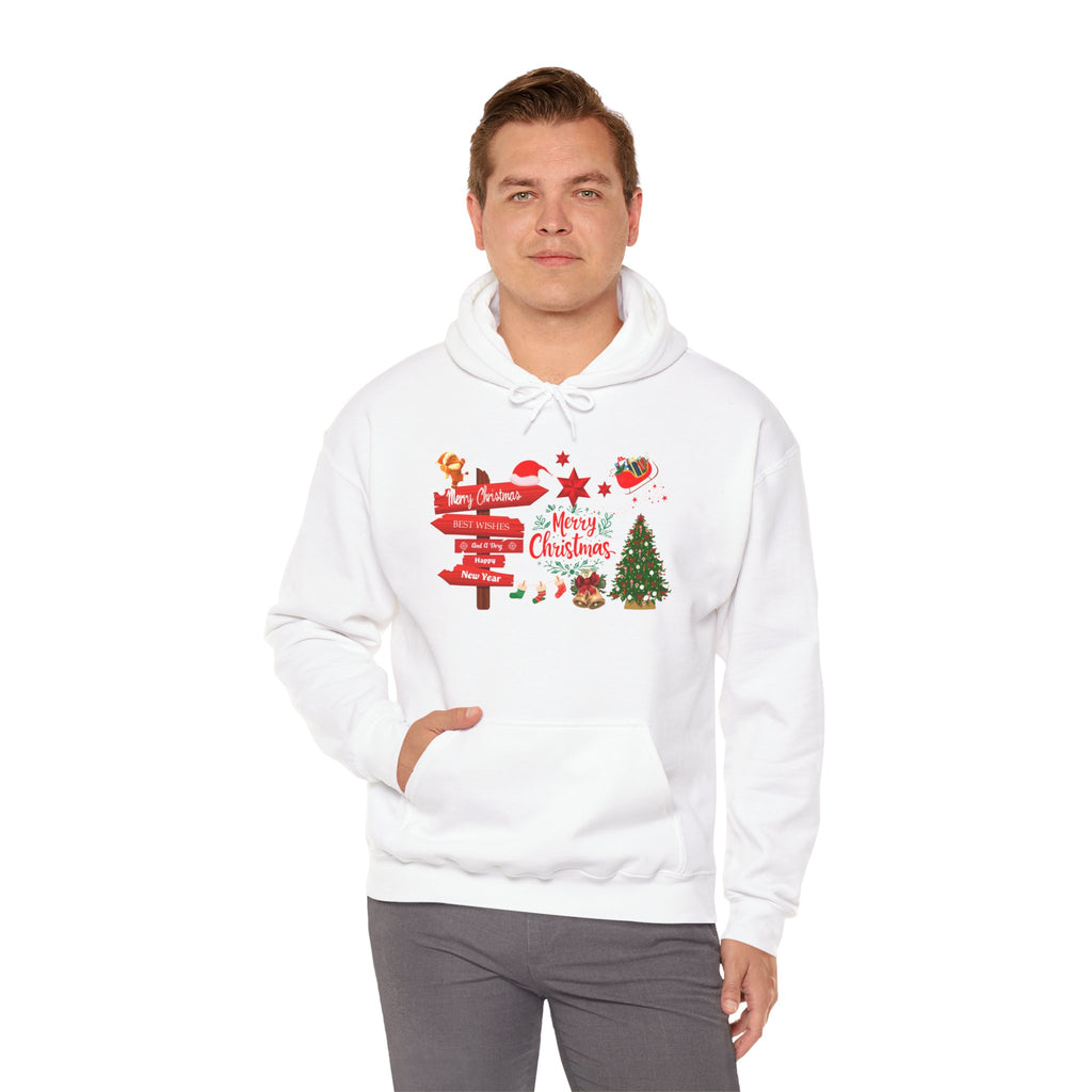 Christmas Direction Sign White Hoodie Merry Christmas Holiday Tree & Santa Design