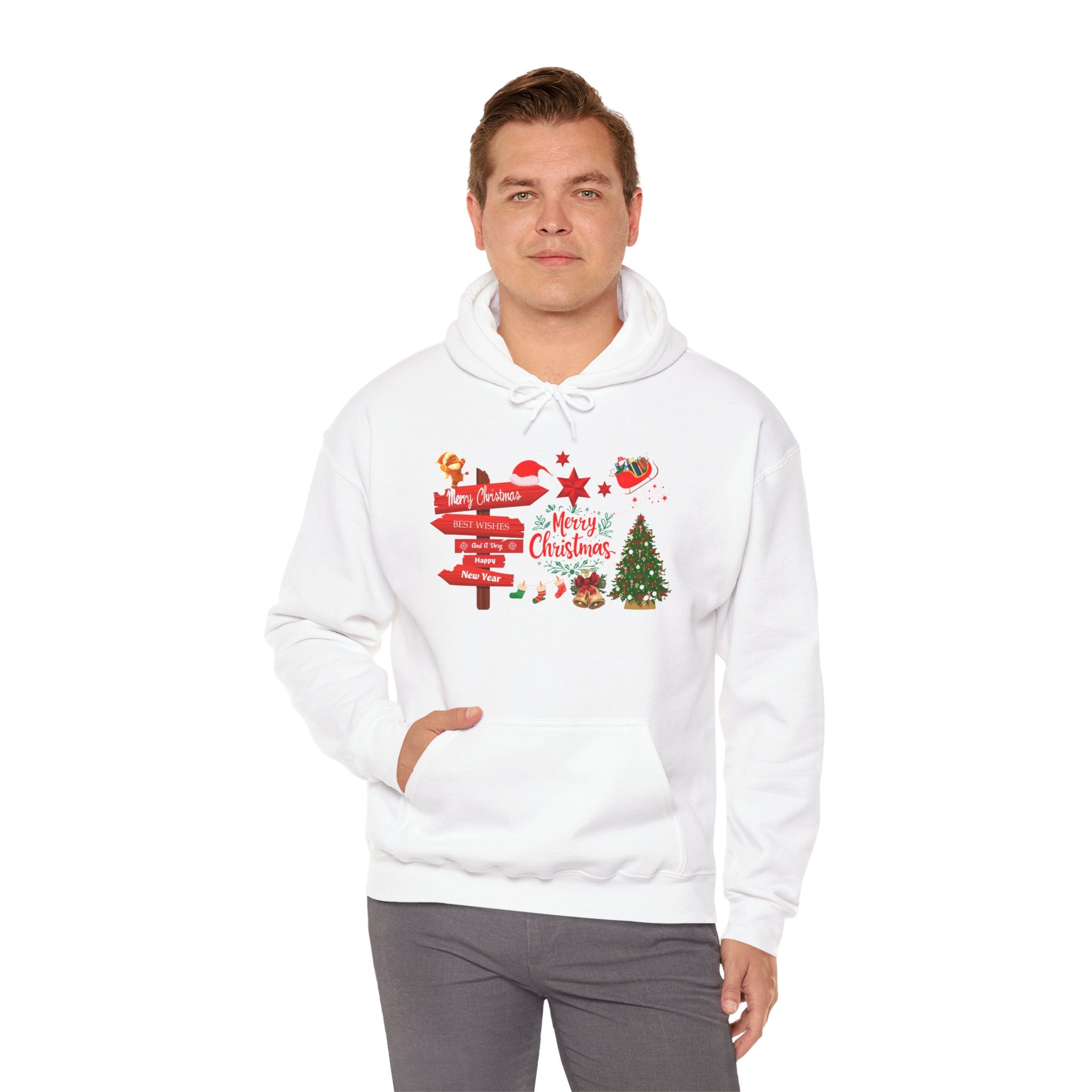 Christmas Direction Sign White Hoodie Merry Christmas Holiday Tree & Santa Design