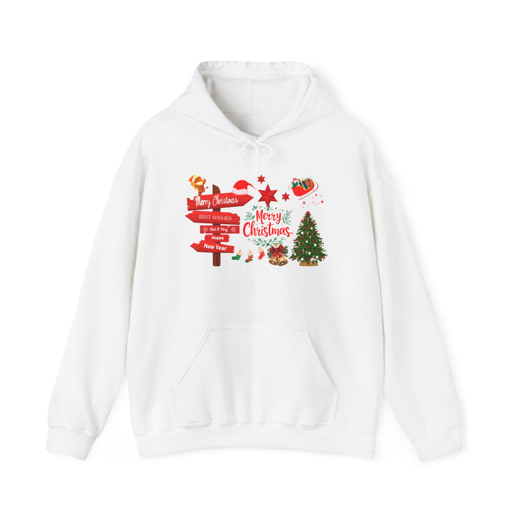 Christmas Direction Sign White Hoodie Merry Christmas Holiday Tree & Santa Design
