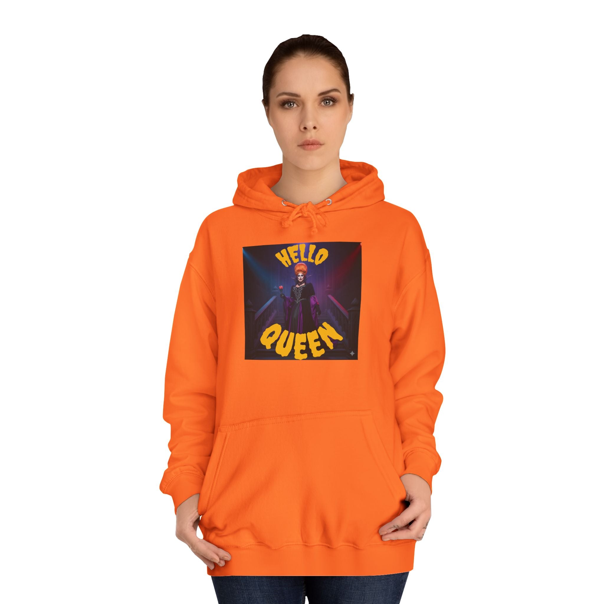 Hello Queen Orange Unisex College Hoodie Orange - Fun, Stylish Sweatshirt for Students, Perfect Gift, Casual Wear, Streetwear