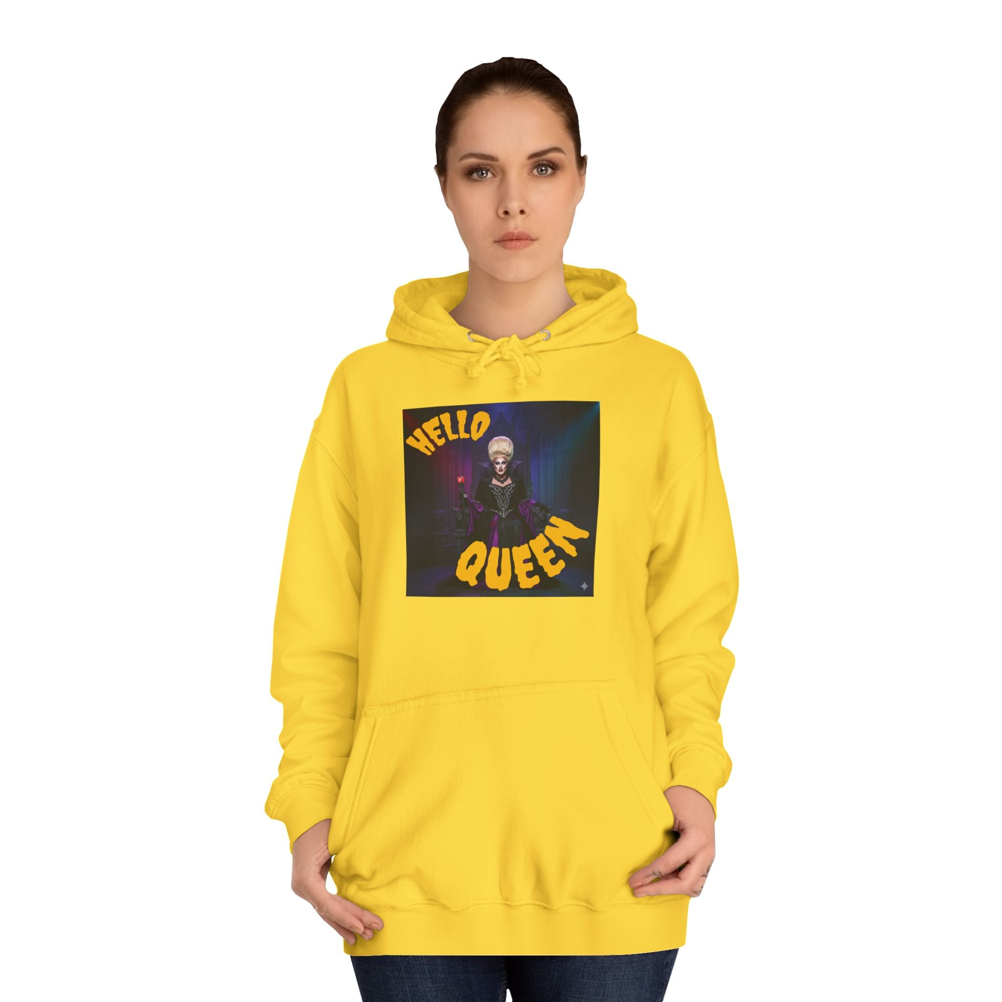 Hello Queen Yellow Unisex College Hoodie Yellow - Fun, Stylish Sweatshirt for Students, Perfect Gift, Casual Wear, Streetwear