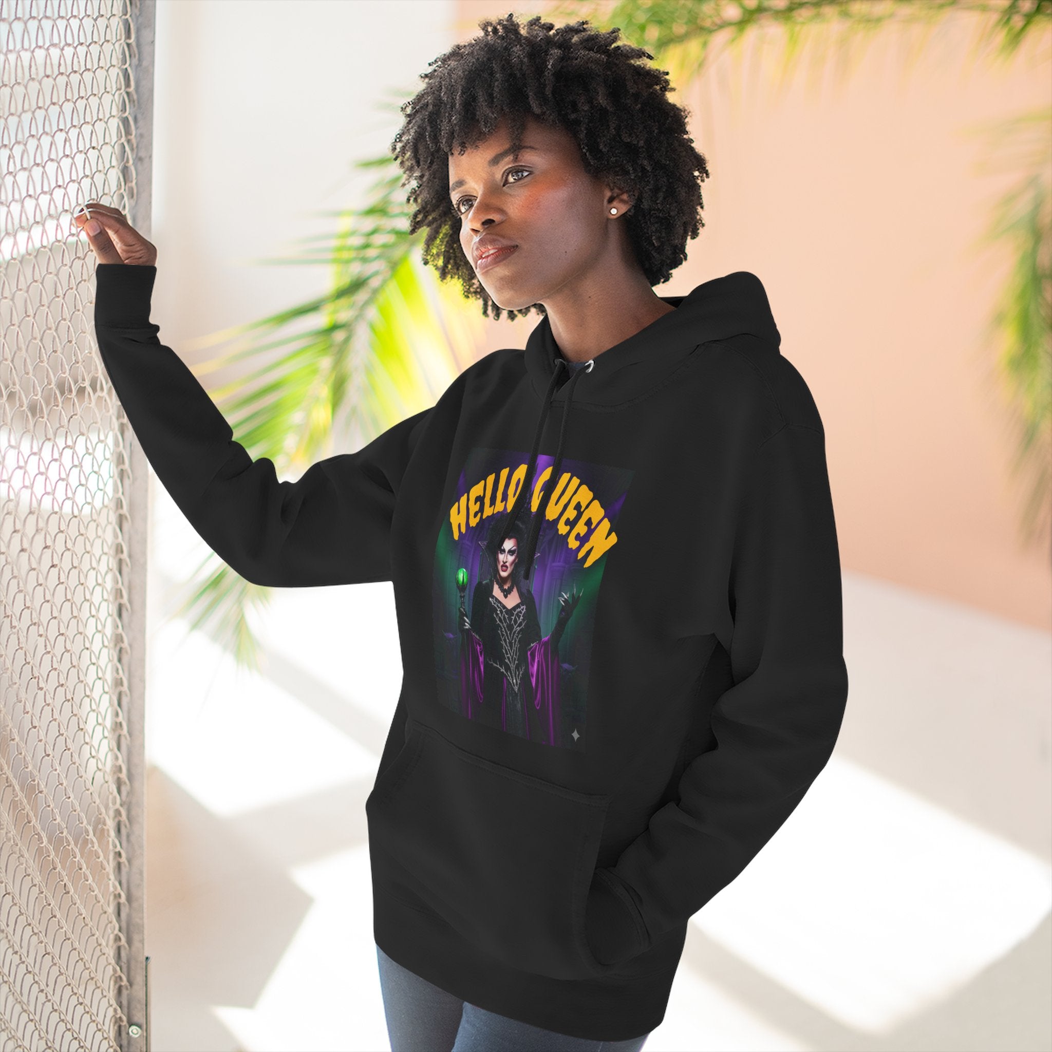 Hello Queen Black Fleece Hoodie, Cozy Fall Sweatshirt, Spooky Season Apparel, Witchy Fashion, Gift for Halloween Lovers, Spooky Times