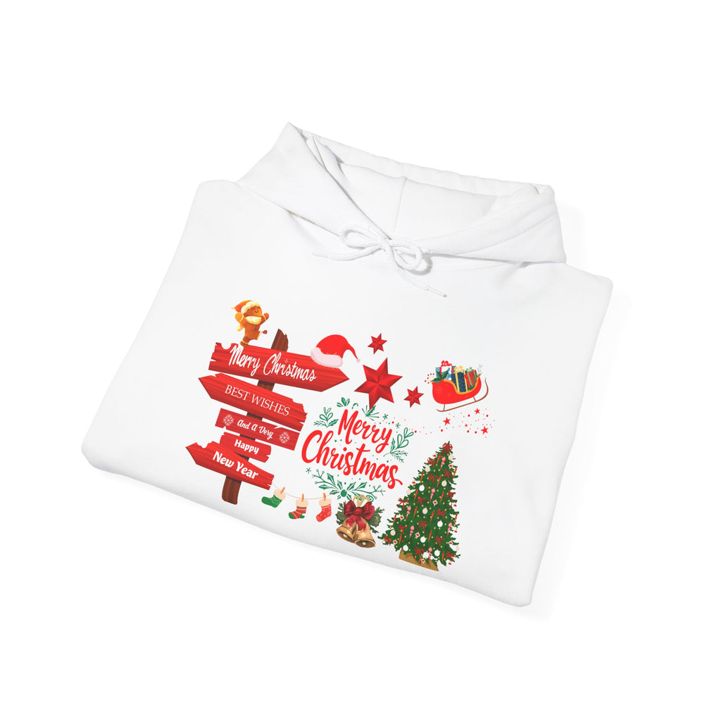 Christmas Direction Sign White Hoodie Merry Christmas Holiday Tree & Santa Design