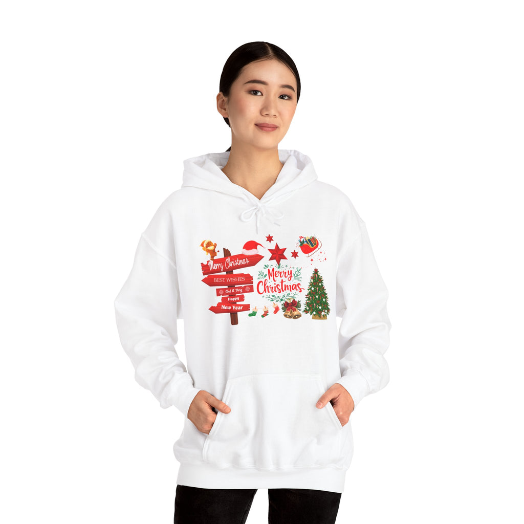 Christmas Direction Sign White Hoodie Merry Christmas Holiday Tree & Santa Design
