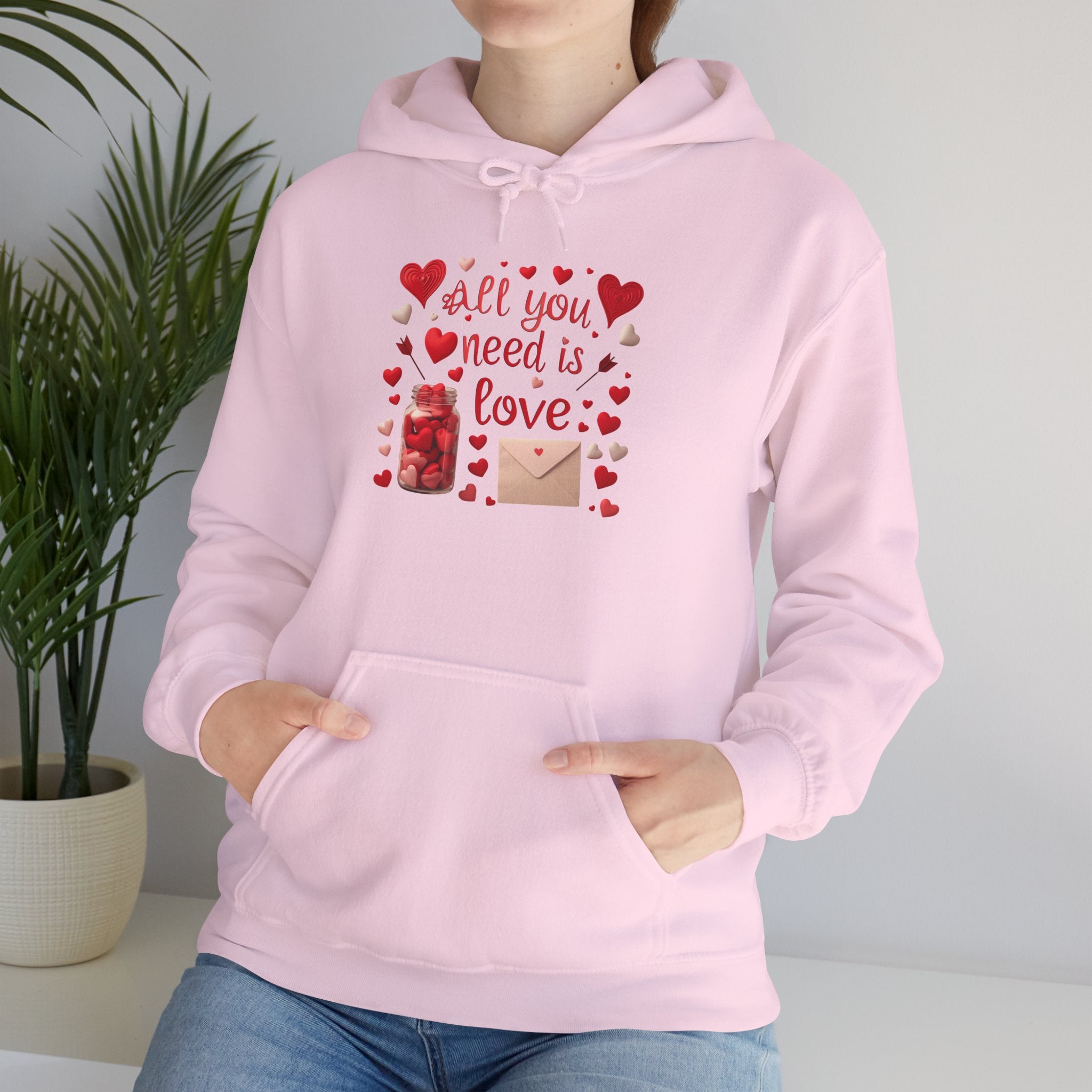 Valentine's 'All You Need Is Love' Hoodie for Couples - Pink Heart Gift Sweatshirt