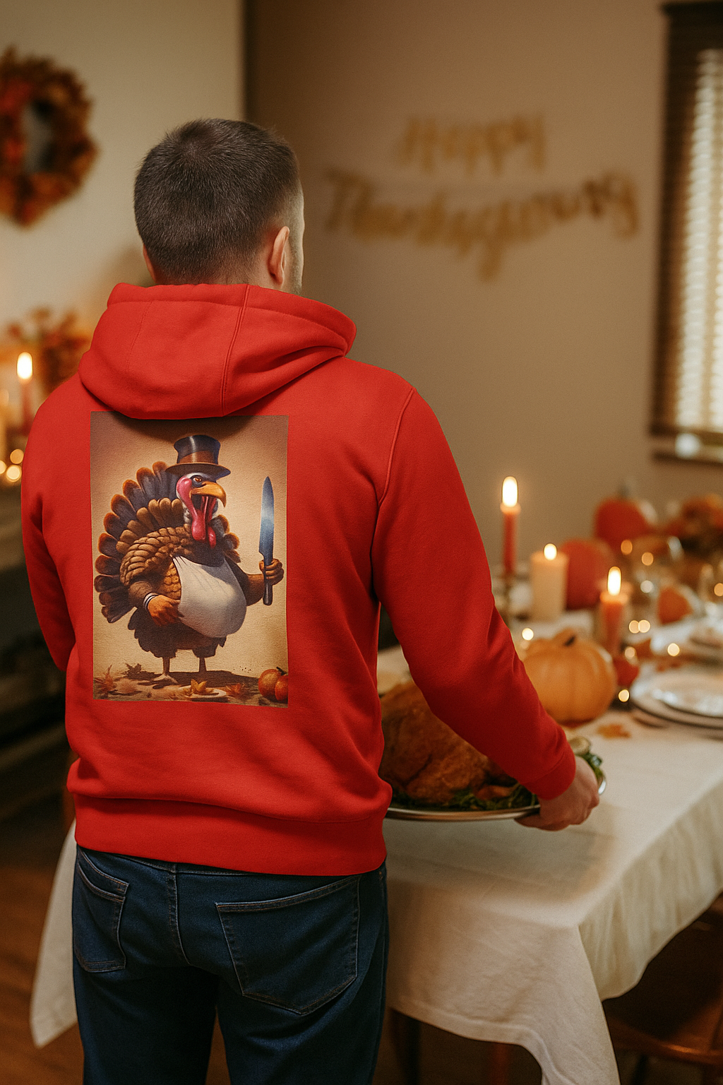 Thanksgiving Turkey Hoodie, Turkey on the defensive, Funny Fleece Sweatshirt, Fall Apparel, Holiday Gift, Autumn Fashion, Cozy Wear
