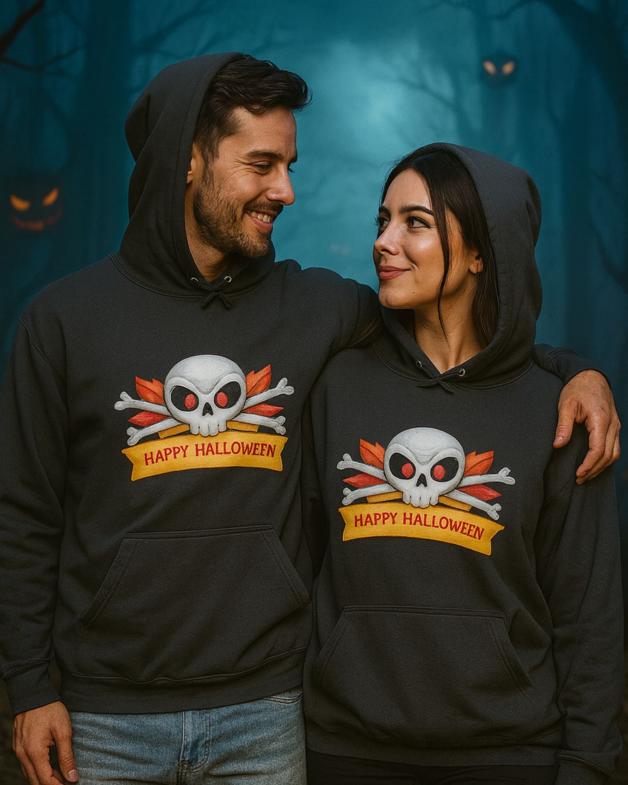 A couple wearing a black sweatshirt with the phrase "Happy Halloween" printed on it and a white skull with red eyes on top of two crossed bones in the style of the pirate flag, behind the skull you can see red leaves, the boy crosses his left arm over her shoulders, while he looks at her smiling with the hood up, she looks at him happily, in the background you can see an image of a dark, gloomy forest full of orange eyes, underneath they wear jeans