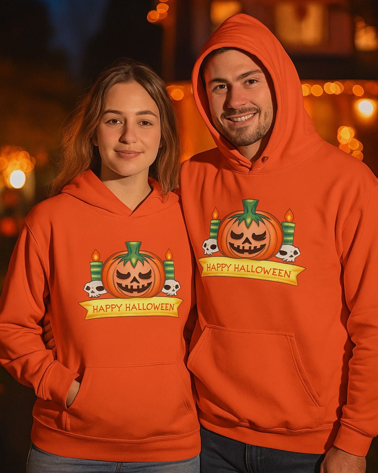 A couple wearing an orange sweatshirt with the phrase "Happy Halloween" printed on it and an orange Halloween pumpkin, on both sides there are candles held by skulls with a green and white striped candle lit, the boy has the hood up, the girl has her right hand inside the right opening of the front pocket of the sweatshirt, in the background you can see an image of a residential street at night decorated with Halloween motifs, underneath they wear jeans