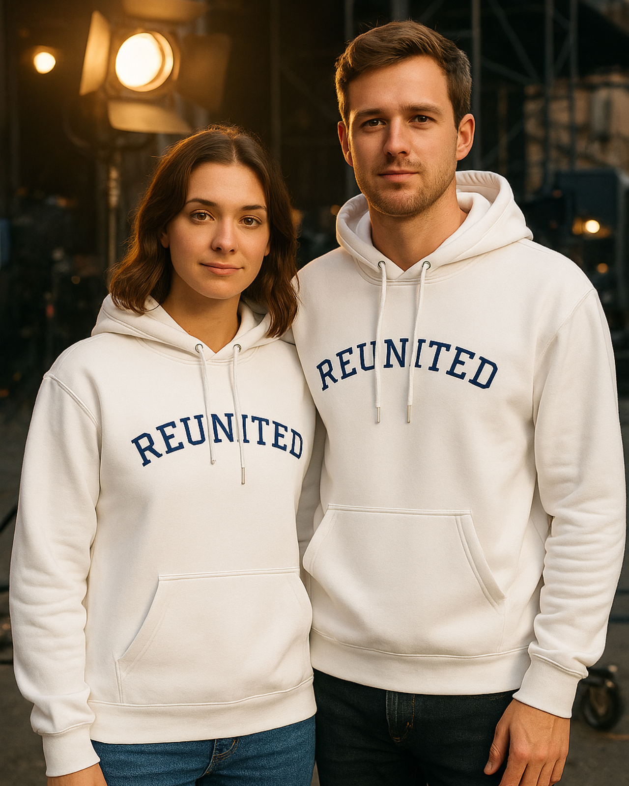 A couple of girl and boy wear a white hoodie with a blue word that says "Reunited", underneath they wear jeans, in the background you can see a movie set