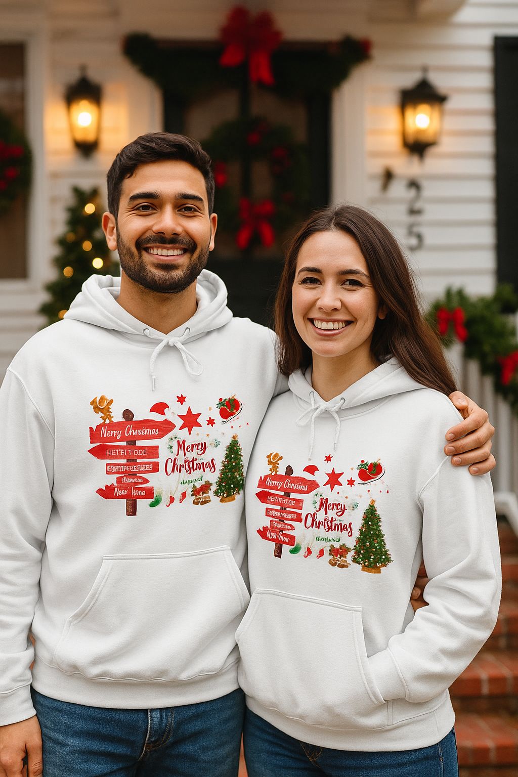 Christmas Direction Sign White Hoodie Merry Christmas Holiday Tree & Santa Design