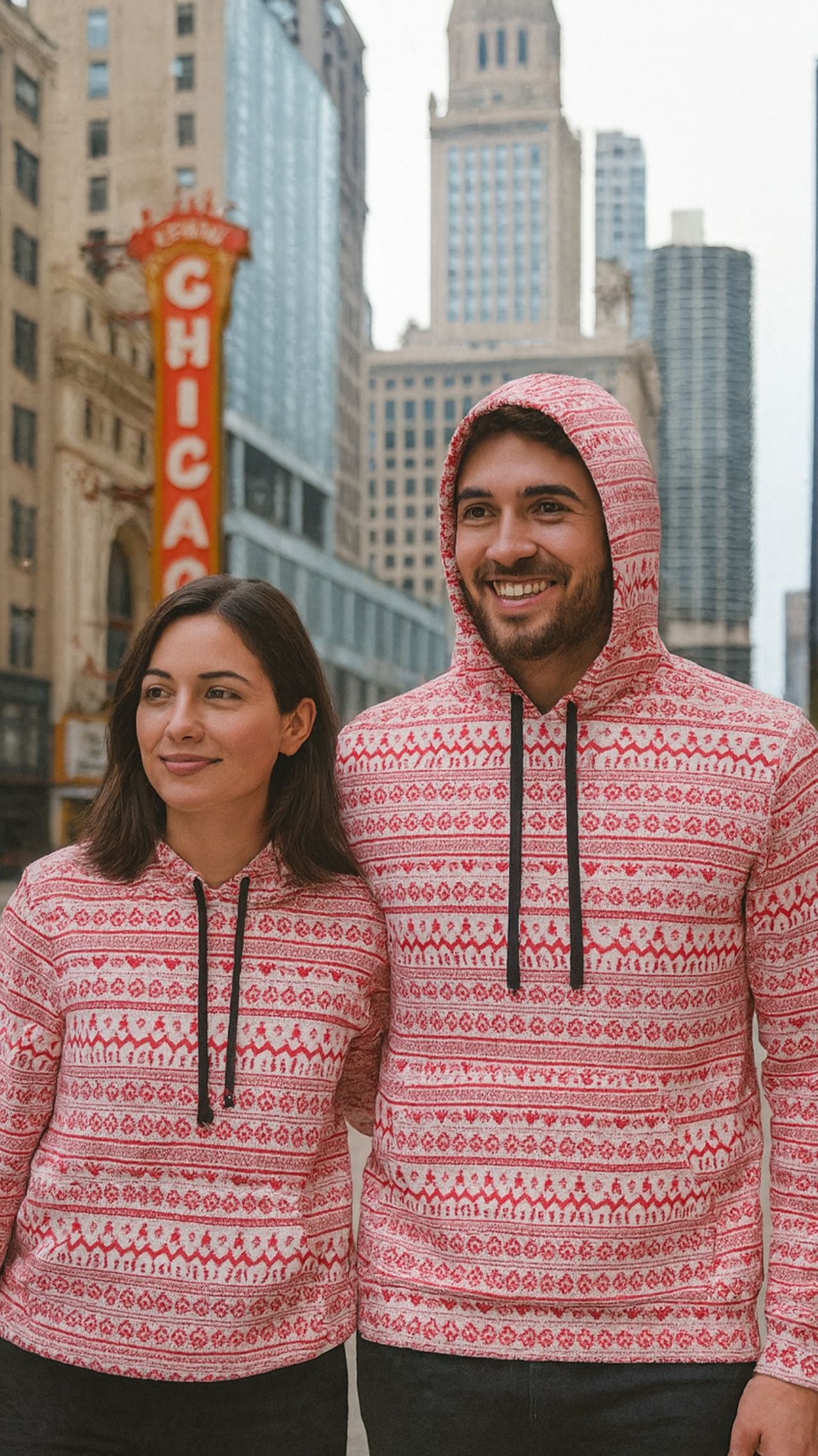 Christmas Couple Hoodie – Nordic Red & White Winter Sweatshirt for Men and Women