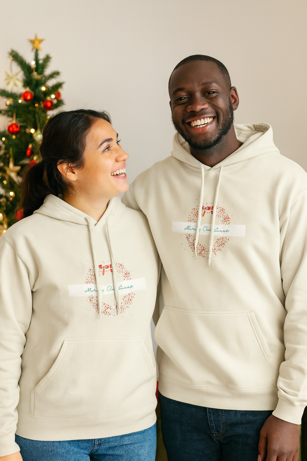 Christmas Wreath Couple Hoodie — Merry & Bright Holiday Pullover