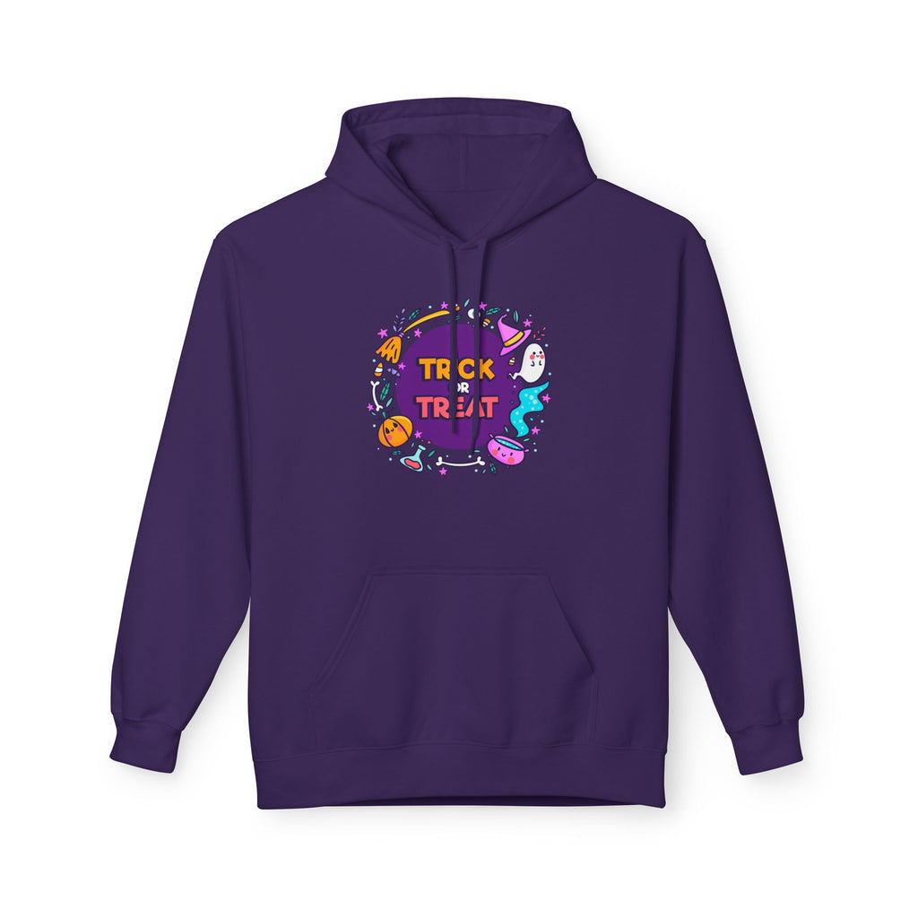 Halloween Trick or Treat Purple Hoodie, Unisex Fleece Sweatshirt, Trick or Treat Halloween Hoodie – Cozy, Fun & Spooky Style, Halloween Gift