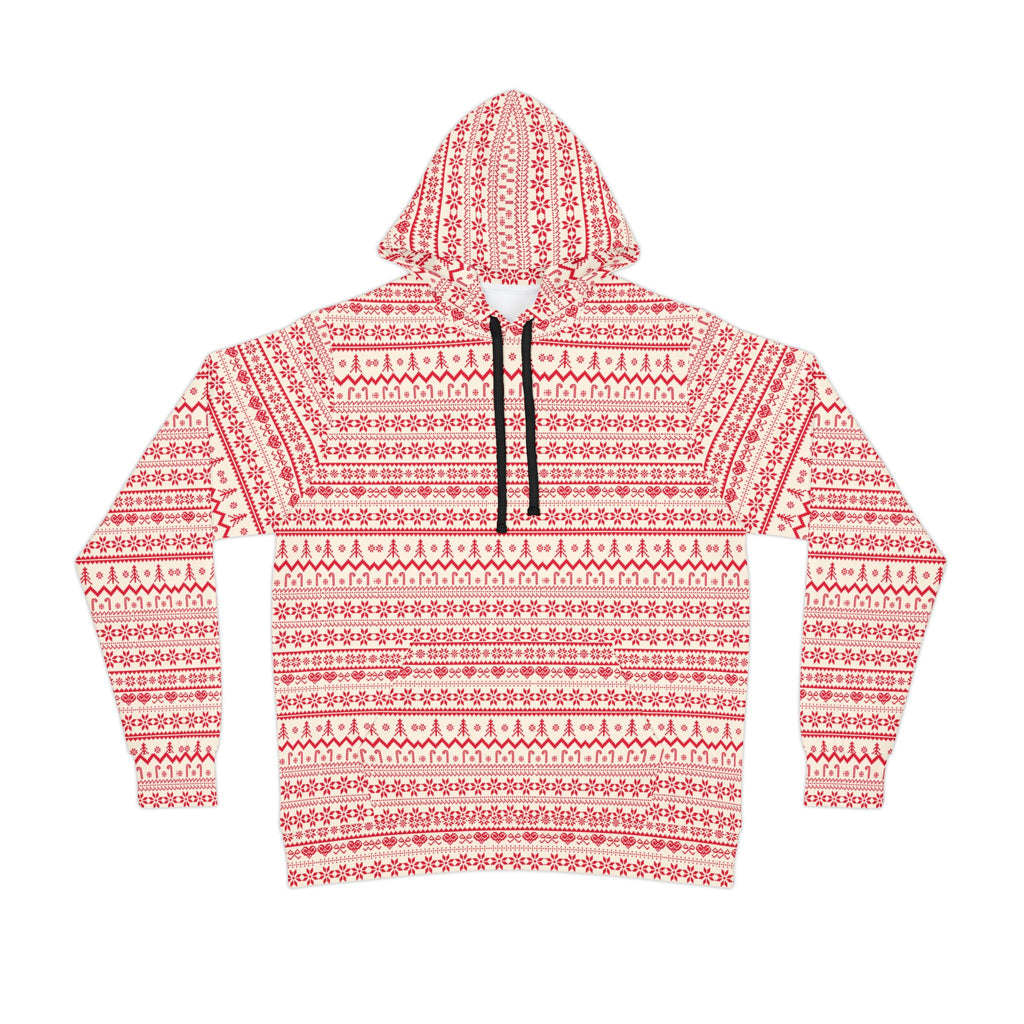 Christmas Couple Hoodie – Nordic Red & White Winter Sweatshirt for Men and Women