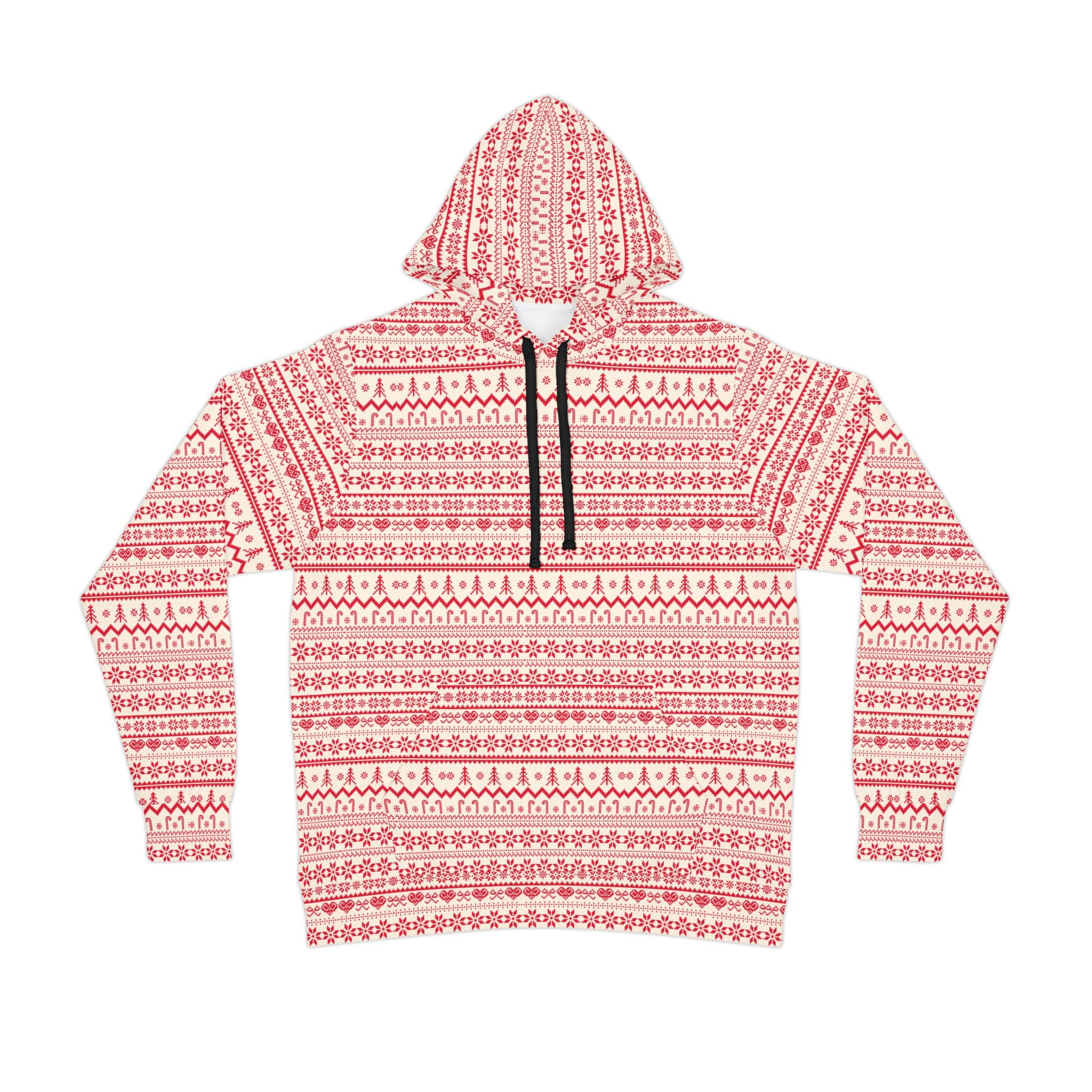 Christmas Couple Hoodie – Nordic Red & White Winter Sweatshirt for Men and Women