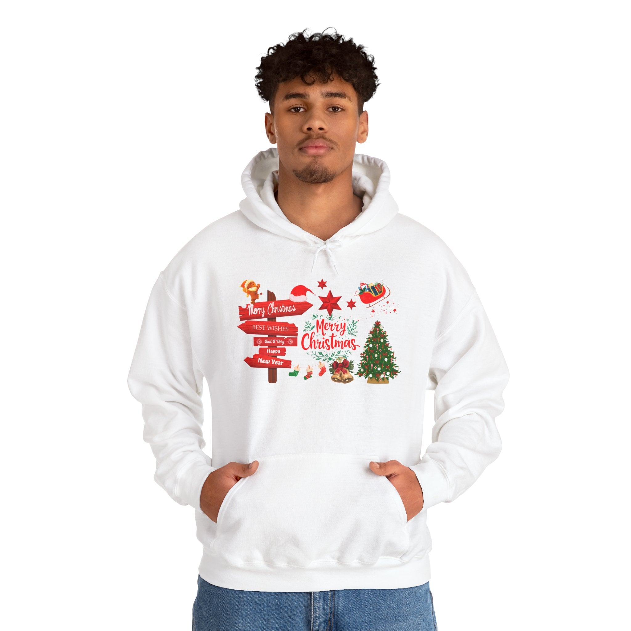 Christmas Direction Sign White Hoodie Merry Christmas Holiday Tree & Santa Design