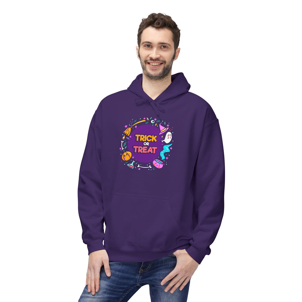 Halloween Trick or Treat Purple Hoodie, Unisex Fleece Sweatshirt, Trick or Treat Halloween Hoodie – Cozy, Fun & Spooky Style, Halloween Gift
