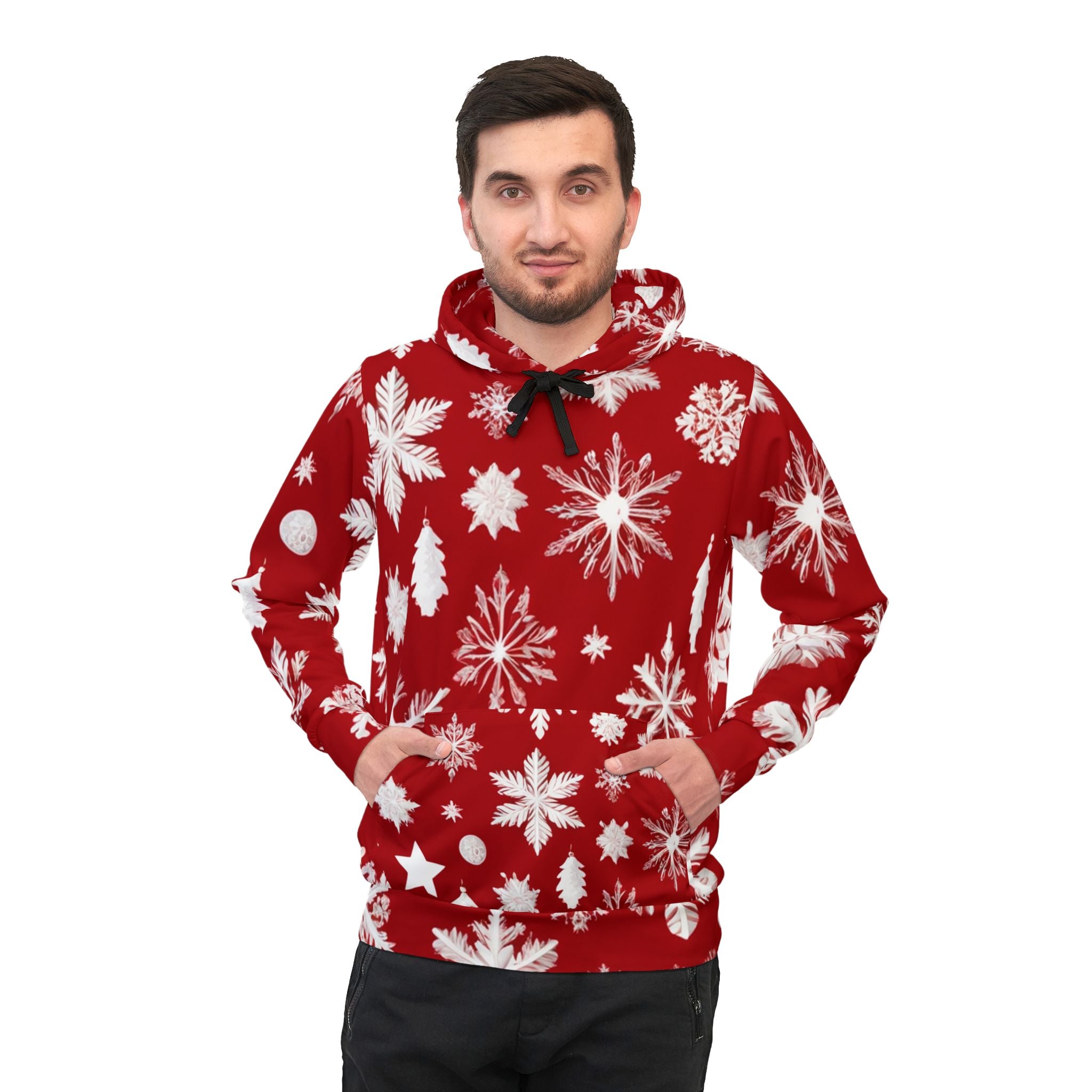 Unisex Red Christmas Hoodie with Snowflakes ❄️ – Festive Hoodie for Couples and Christmas Parties