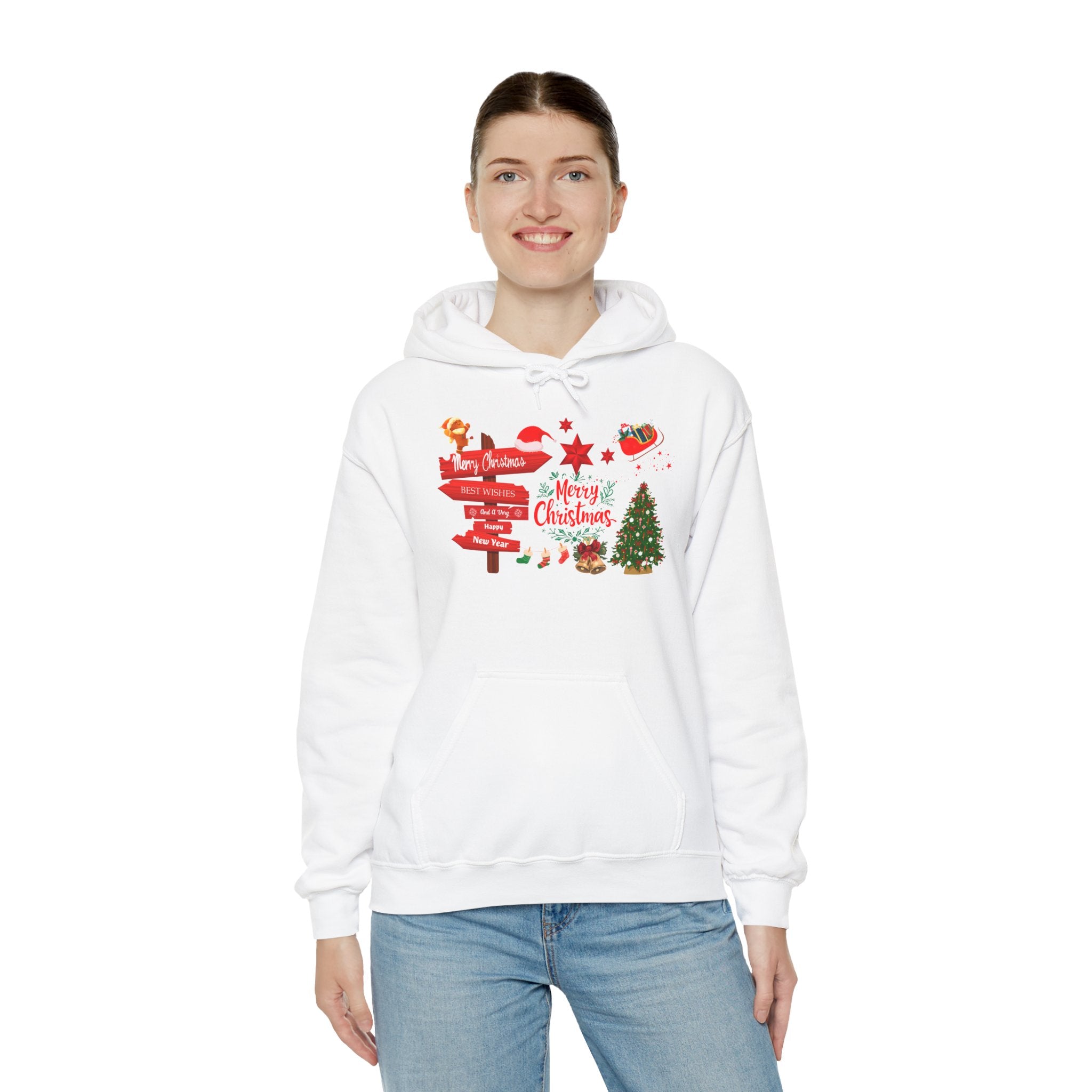 Christmas Direction Sign White Hoodie Merry Christmas Holiday Tree & Santa Design