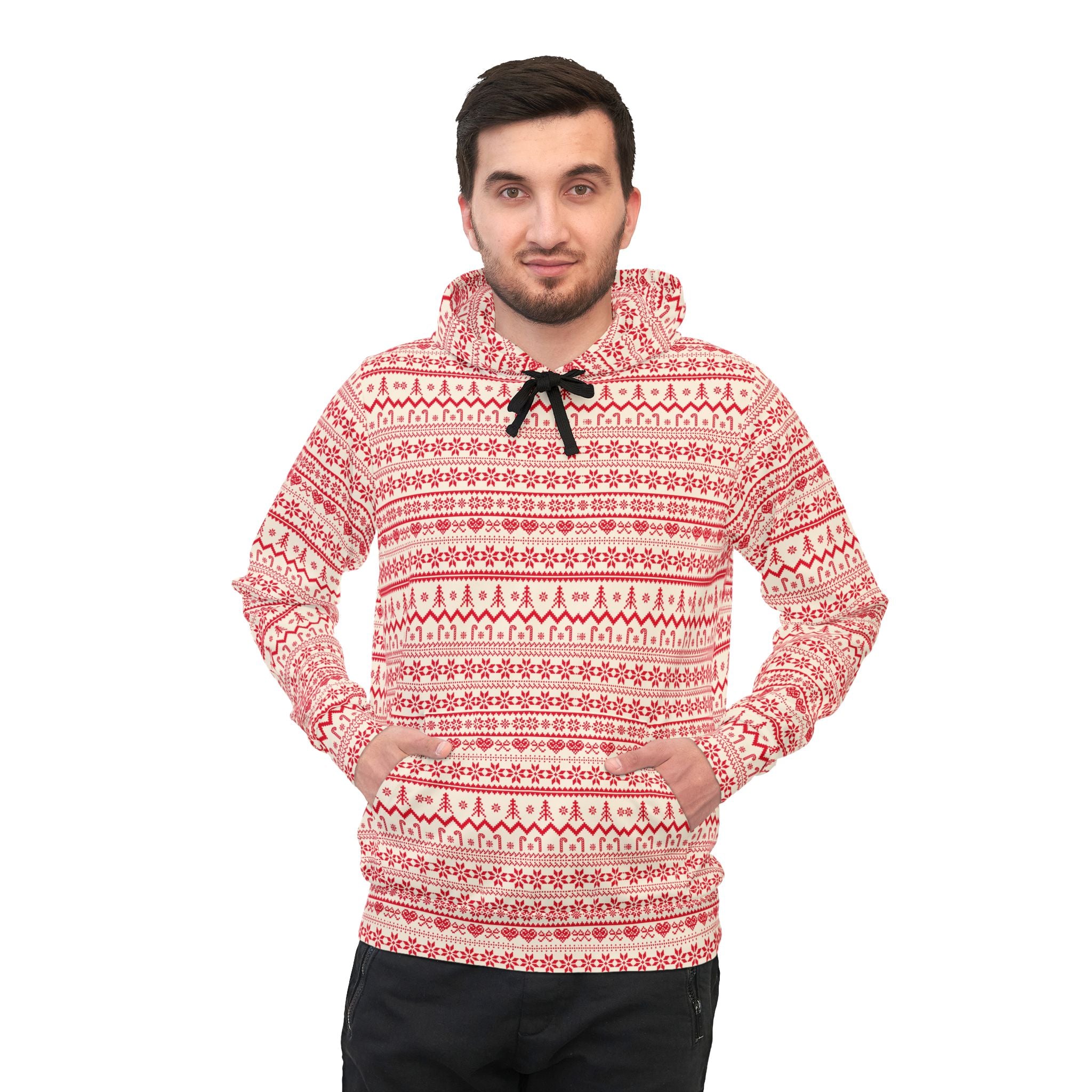 Christmas Couple Hoodie – Nordic Red & White Winter Sweatshirt for Men and Women